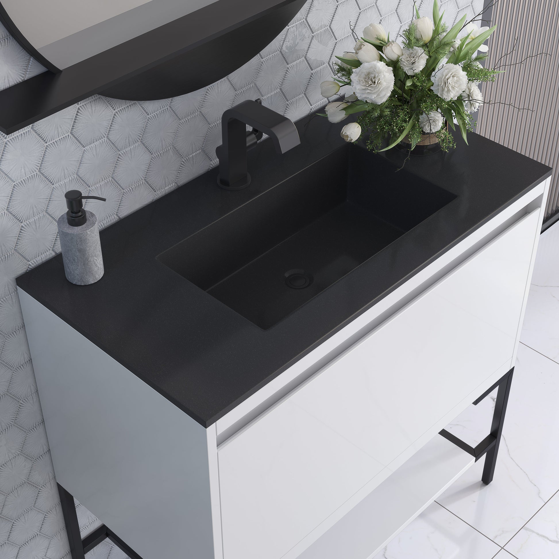 James Martin Vanities Mantova 35.4" Glossy White and Matte Black Base Single Vanity With Charcoal Black Composite Stone Top