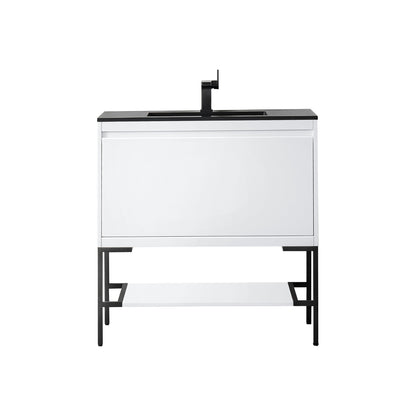 James Martin Vanities Mantova 35.4" Glossy White and Matte Black Base Single Vanity With Charcoal Black Composite Stone Top