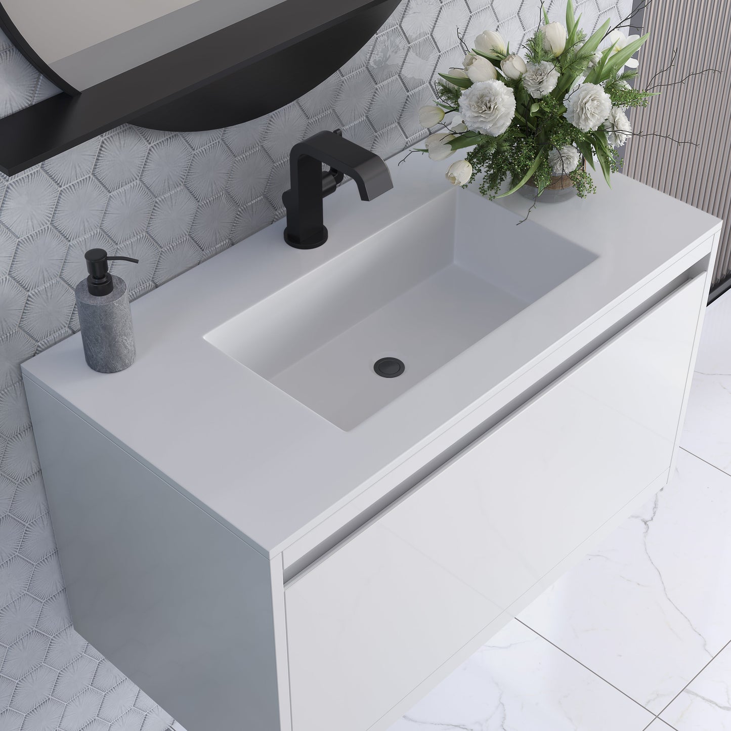 James Martin Vanities Mantova 35.4" Glossy White and Matte Black Base Single Vanity With Glossy White Composite Stone Top