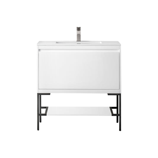 James Martin Vanities Mantova 35.4" Glossy White and Matte Black Base Single Vanity With Glossy White Composite Stone Top