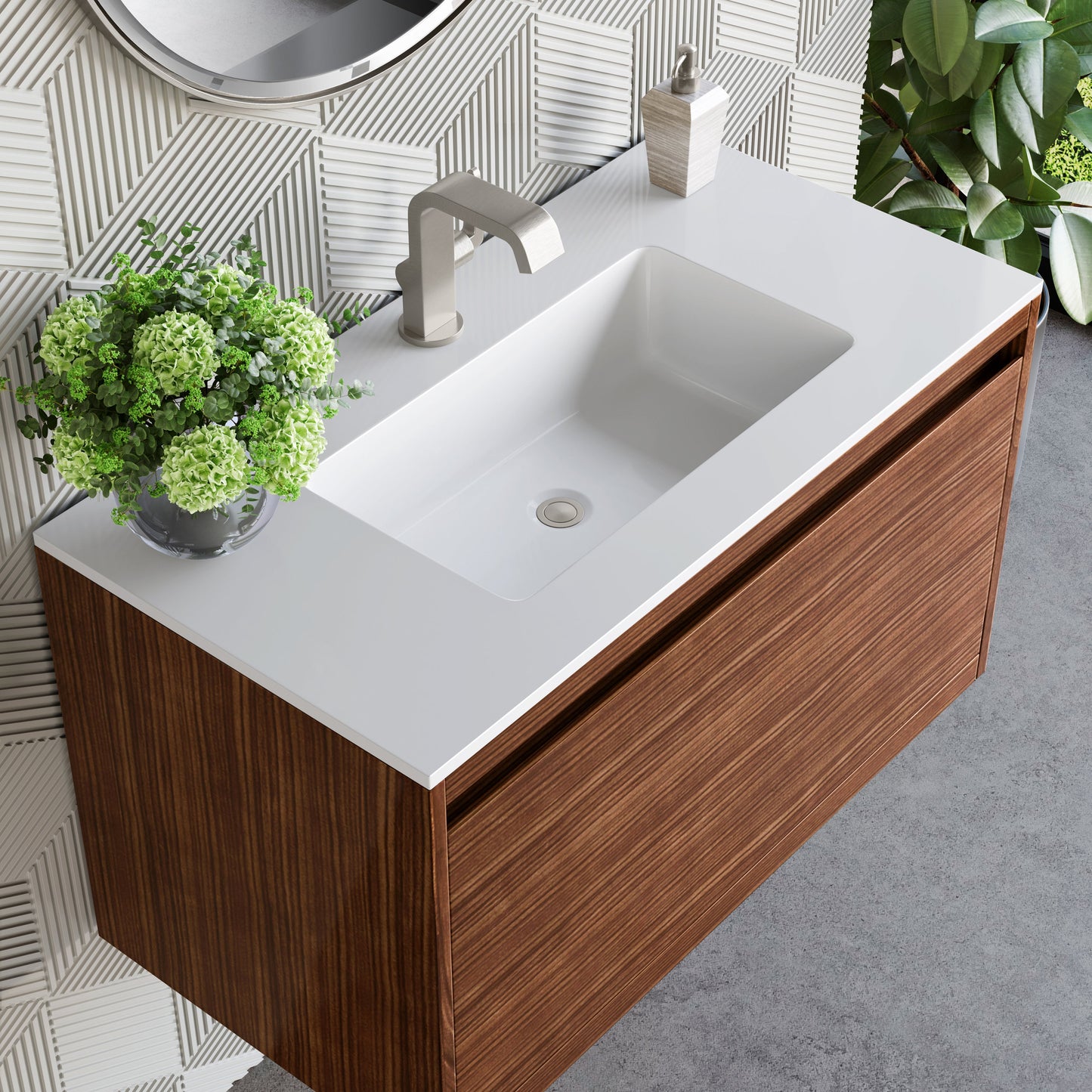 James Martin Vanities Mantova 35.4" Mid-Century Walnut Single Vanity With Glossy White Composite Stone Top