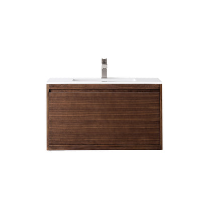 James Martin Vanities Mantova 35.4" Mid-Century Walnut Single Vanity With Glossy White Composite Stone Top