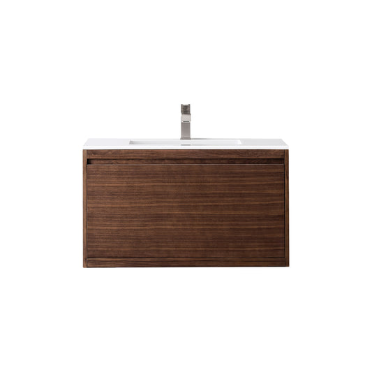 James Martin Vanities Mantova 35.4" Mid-Century Walnut Single Vanity With Glossy White Composite Stone Top