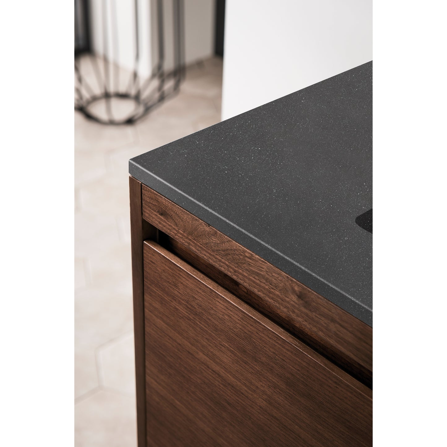 James Martin Vanities Mantova 35.4" Mid-Century Walnut and Brushed Nickel Base Single Vanity With Charcoal Black Composite Stone Top