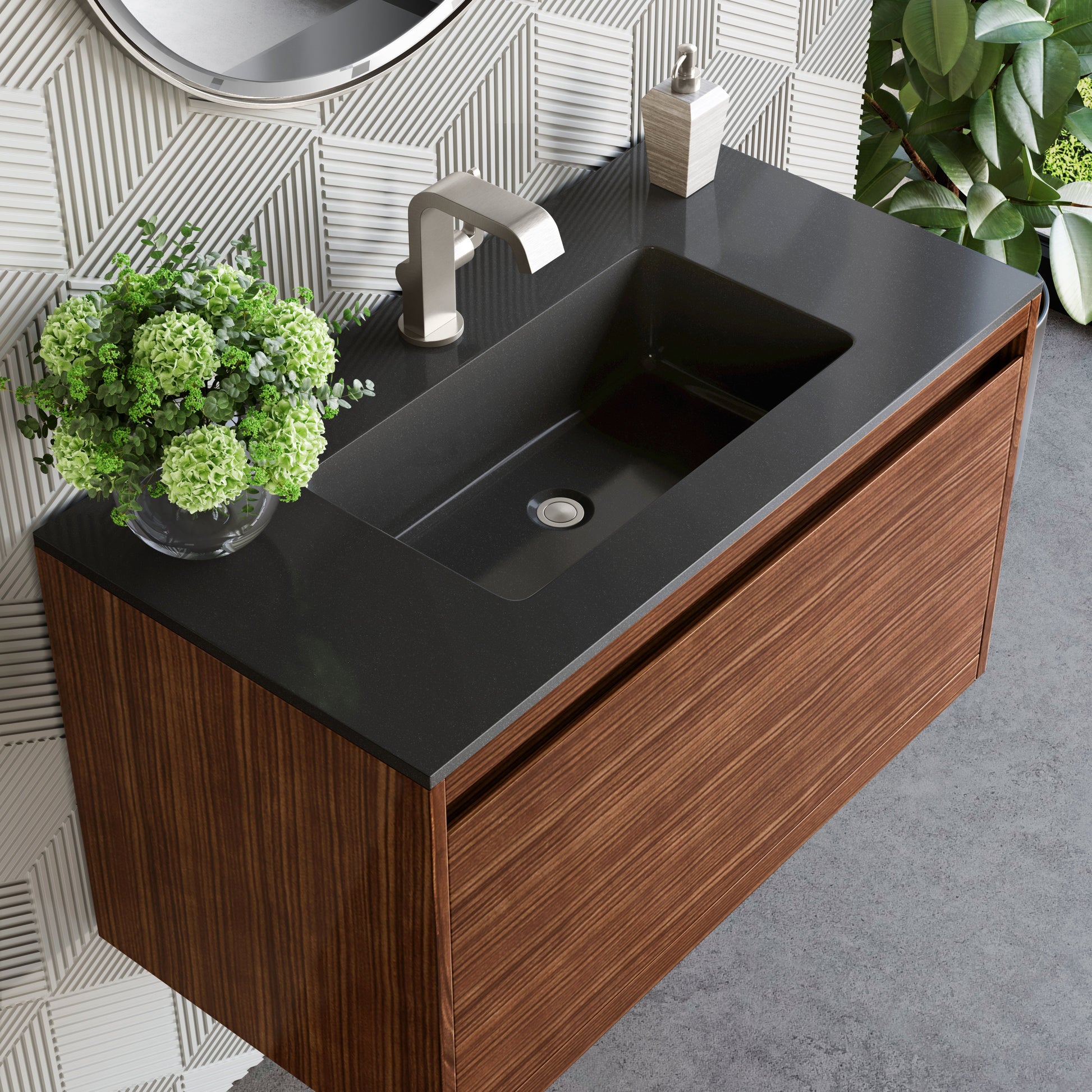 James Martin Vanities Mantova 35.4" Mid-Century Walnut and Brushed Nickel Base Single Vanity With Charcoal Black Composite Stone Top