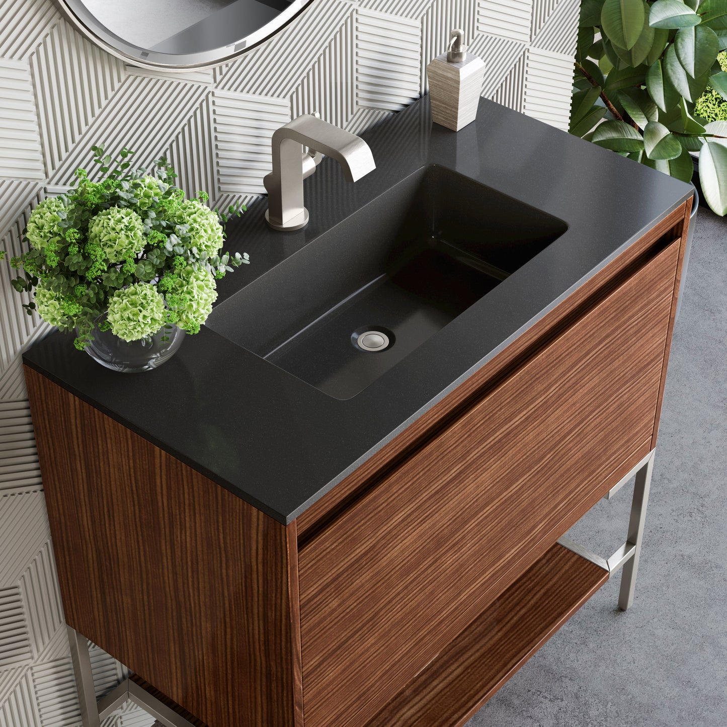 James Martin Vanities Mantova 35.4" Mid-Century Walnut and Brushed Nickel Base Single Vanity With Charcoal Black Composite Stone Top