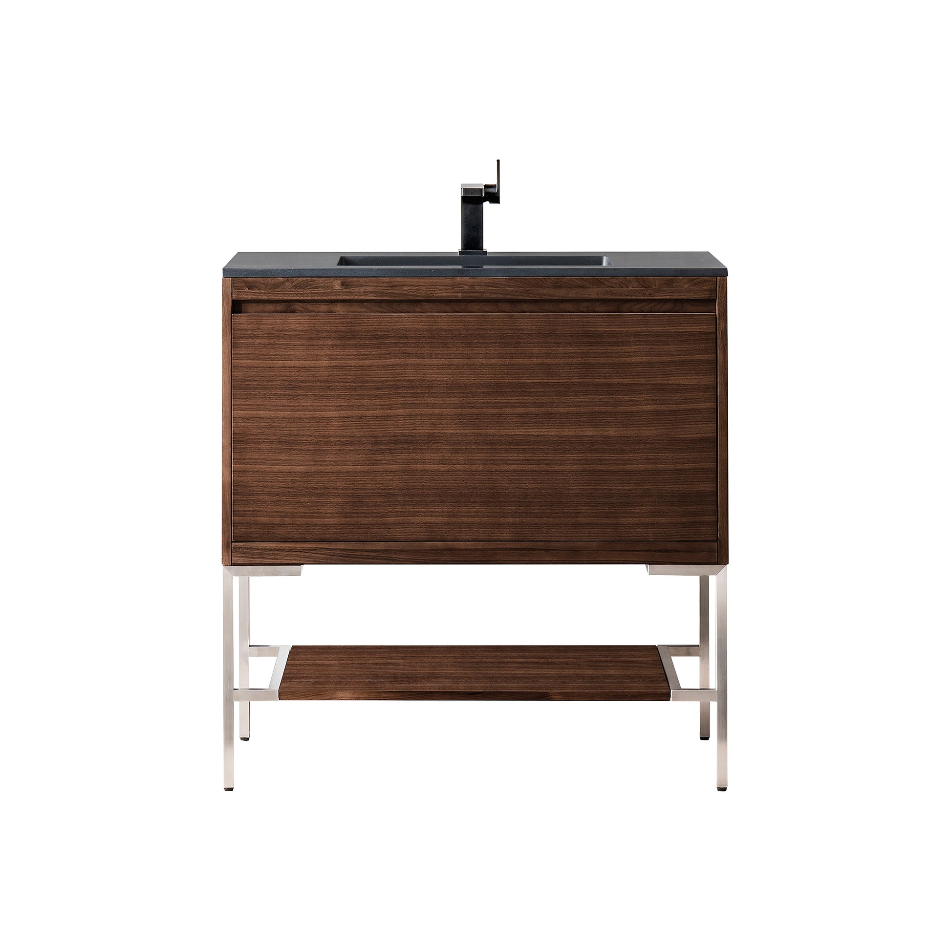 James Martin Vanities Mantova 35.4" Mid-Century Walnut and Brushed Nickel Base Single Vanity With Charcoal Black Composite Stone Top