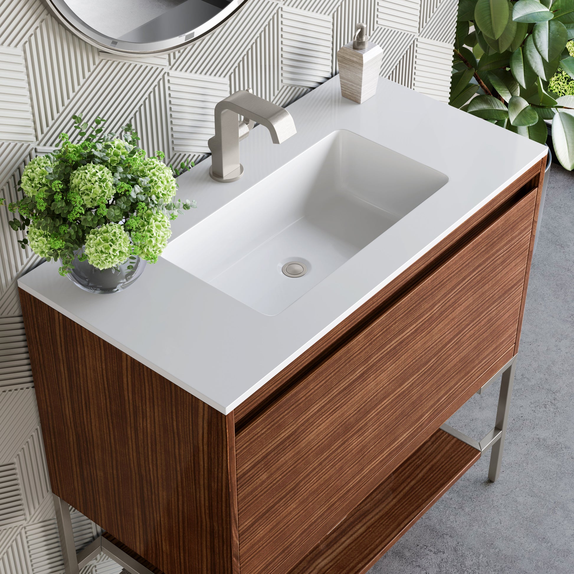 James Martin Vanities Mantova 35.4" Mid-Century Walnut and Brushed Nickel Base Single Vanity With Glossy White Composite Stone Top