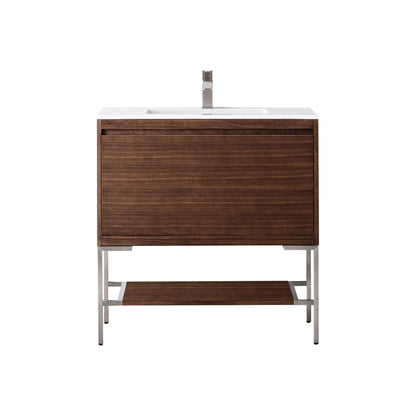 James Martin Vanities Mantova 35.4" Mid-Century Walnut and Brushed Nickel Base Single Vanity With Glossy White Composite Stone Top