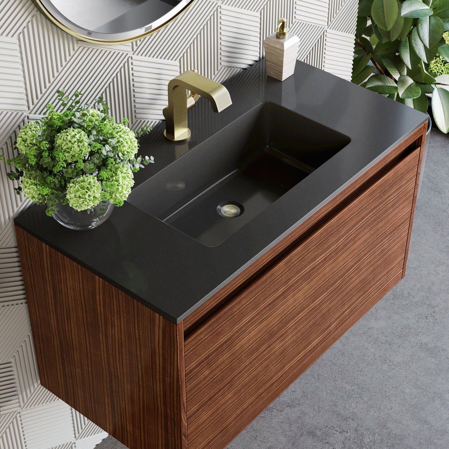 James Martin Vanities Mantova 35.4" Mid-Century Walnut and Champagne Brass Base Single Vanity With Charcoal Black Composite Stone Top