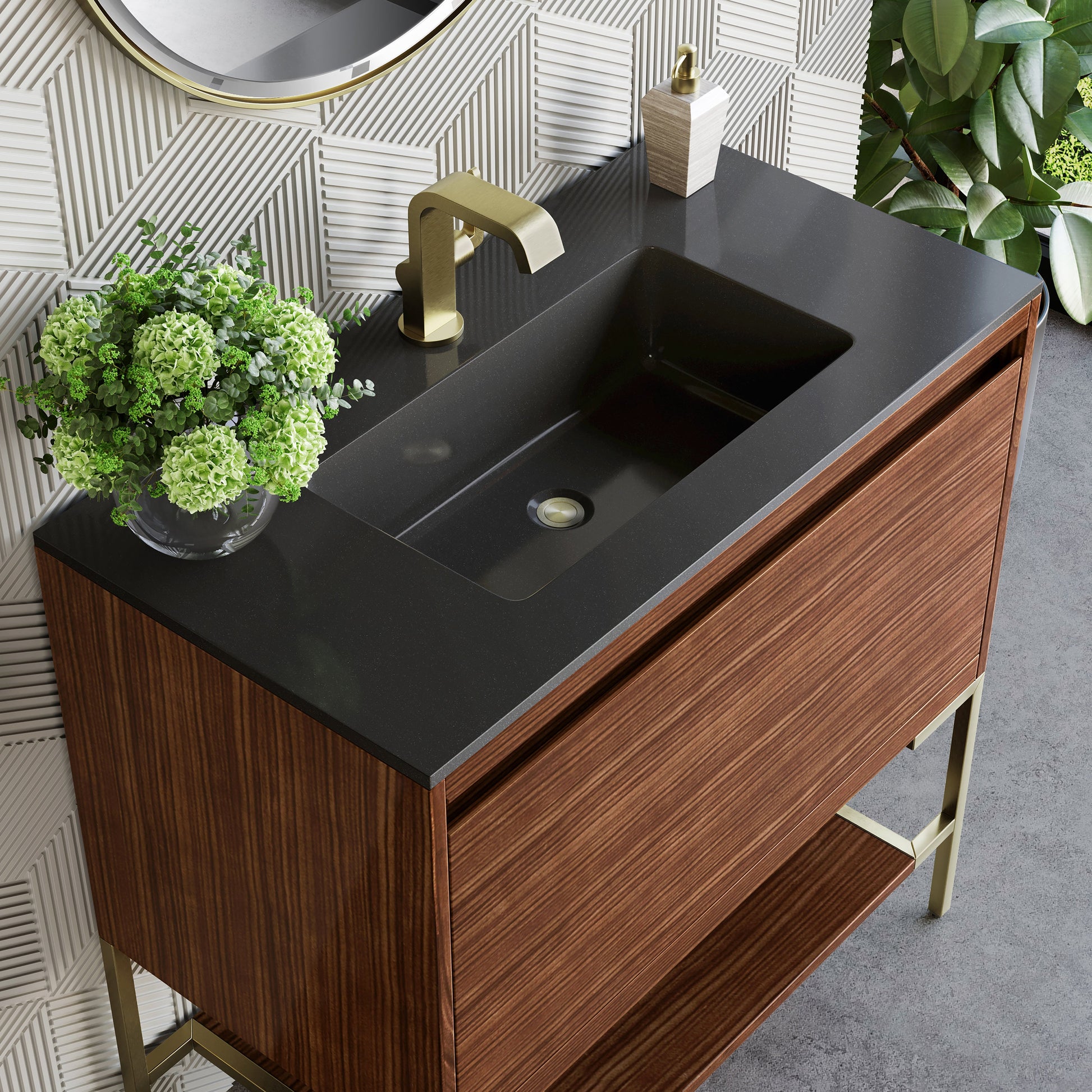 James Martin Vanities Mantova 35.4" Mid-Century Walnut and Champagne Brass Base Single Vanity With Charcoal Black Composite Stone Top