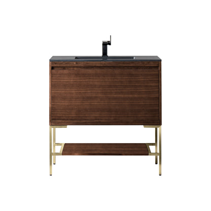 James Martin Vanities Mantova 35.4" Mid-Century Walnut and Champagne Brass Base Single Vanity With Charcoal Black Composite Stone Top