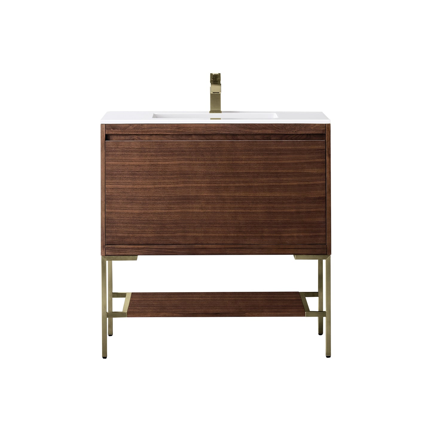 James Martin Vanities Mantova 35.4" Mid-Century Walnut and Champagne Brass Base Single Vanity With Glossy White Composite Stone Top