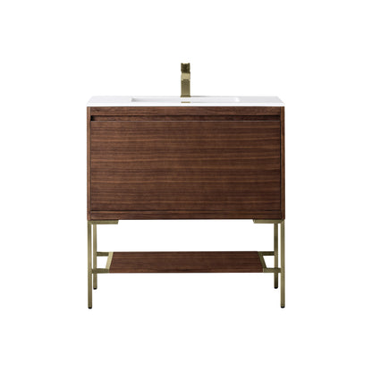 James Martin Vanities Mantova 35.4" Mid-Century Walnut and Champagne Brass Base Single Vanity With Glossy White Composite Stone Top