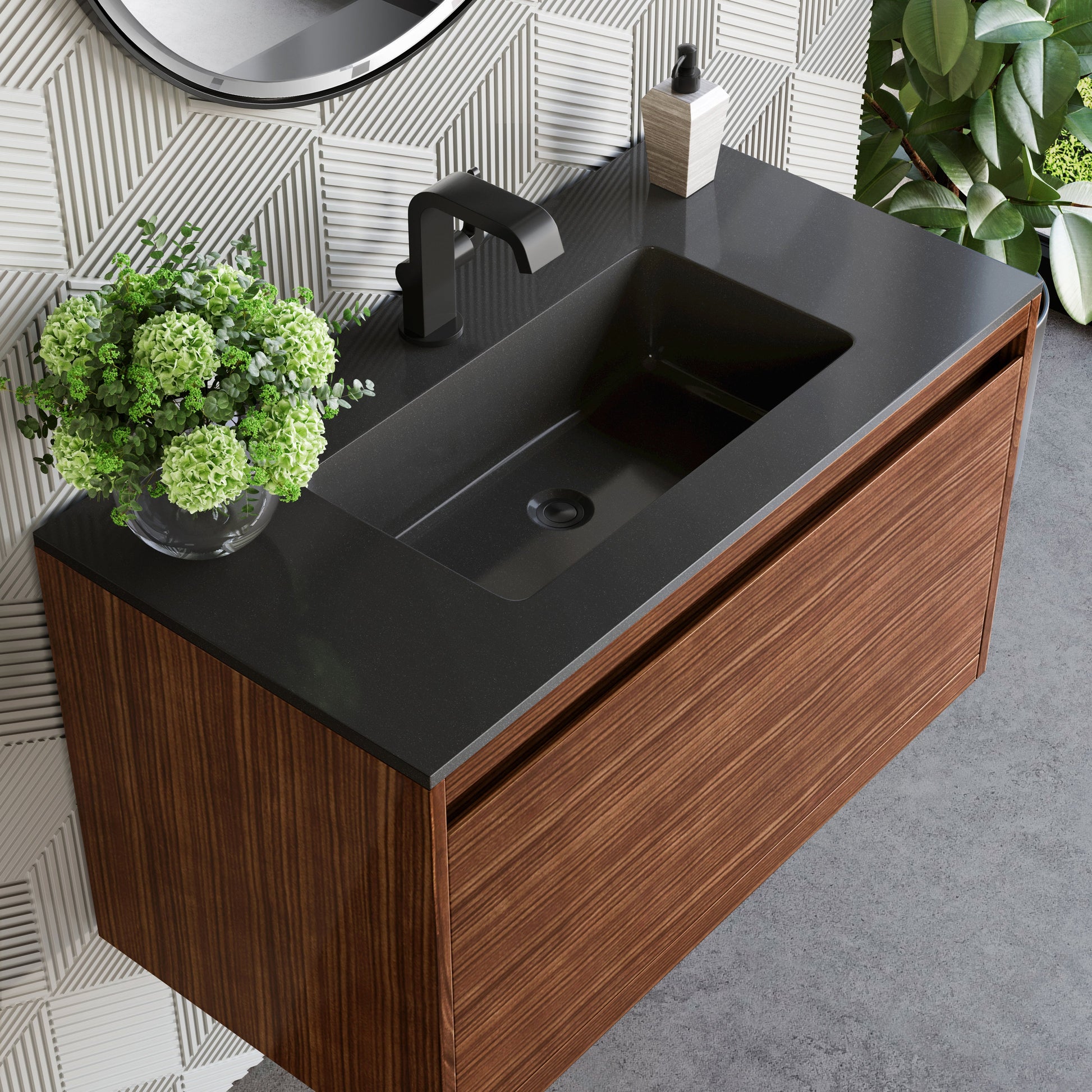 James Martin Vanities Mantova 35.4" Mid-Century Walnut and Matte Black Base Single Vanity With Charcoal Black Composite Stone Top