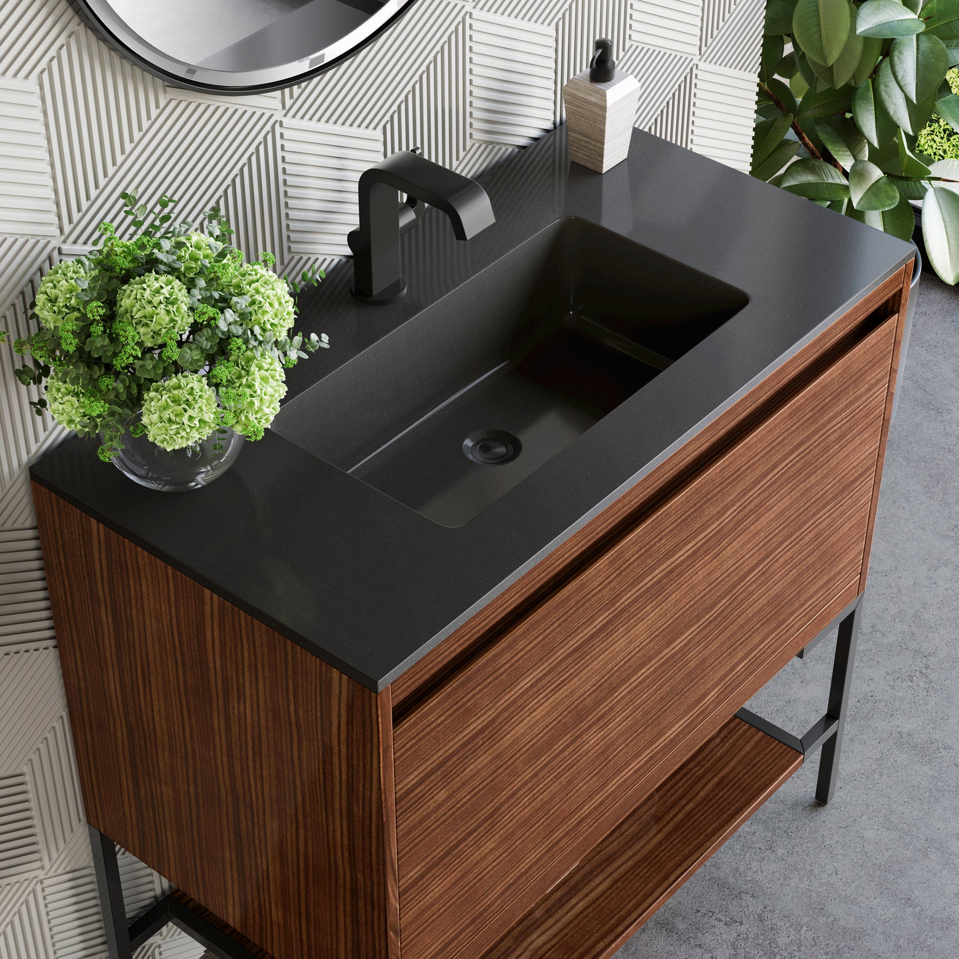 James Martin Vanities Mantova 35.4" Mid-Century Walnut and Matte Black Base Single Vanity With Charcoal Black Composite Stone Top