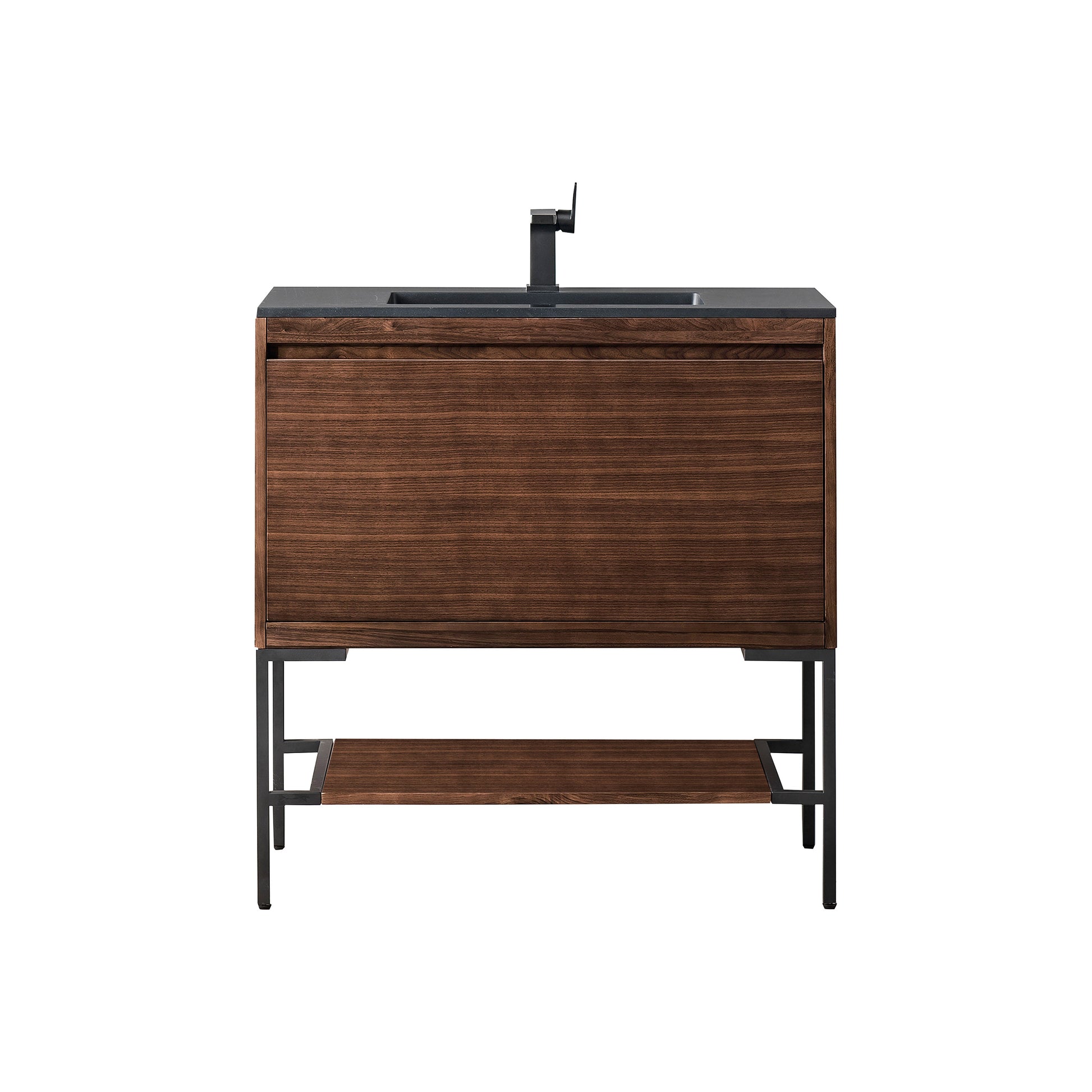 James Martin Vanities Mantova 35.4" Mid-Century Walnut and Matte Black Base Single Vanity With Charcoal Black Composite Stone Top