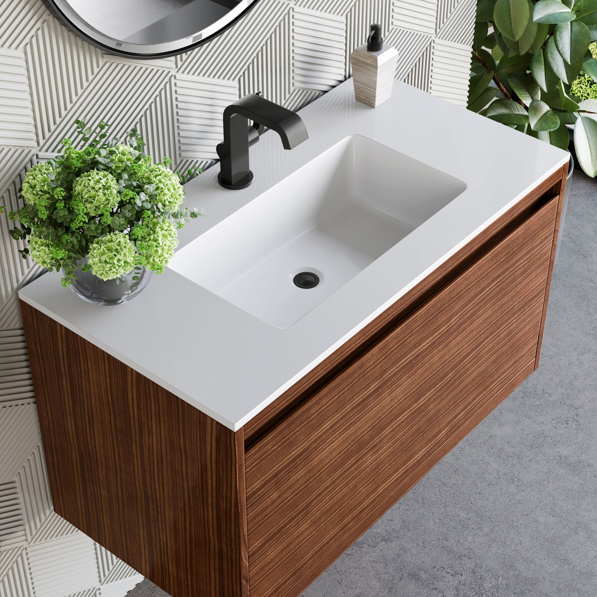 James Martin Vanities Mantova 35.4" Mid-Century Walnut and Matte Black Base Single Vanity With Glossy White Composite Stone Top