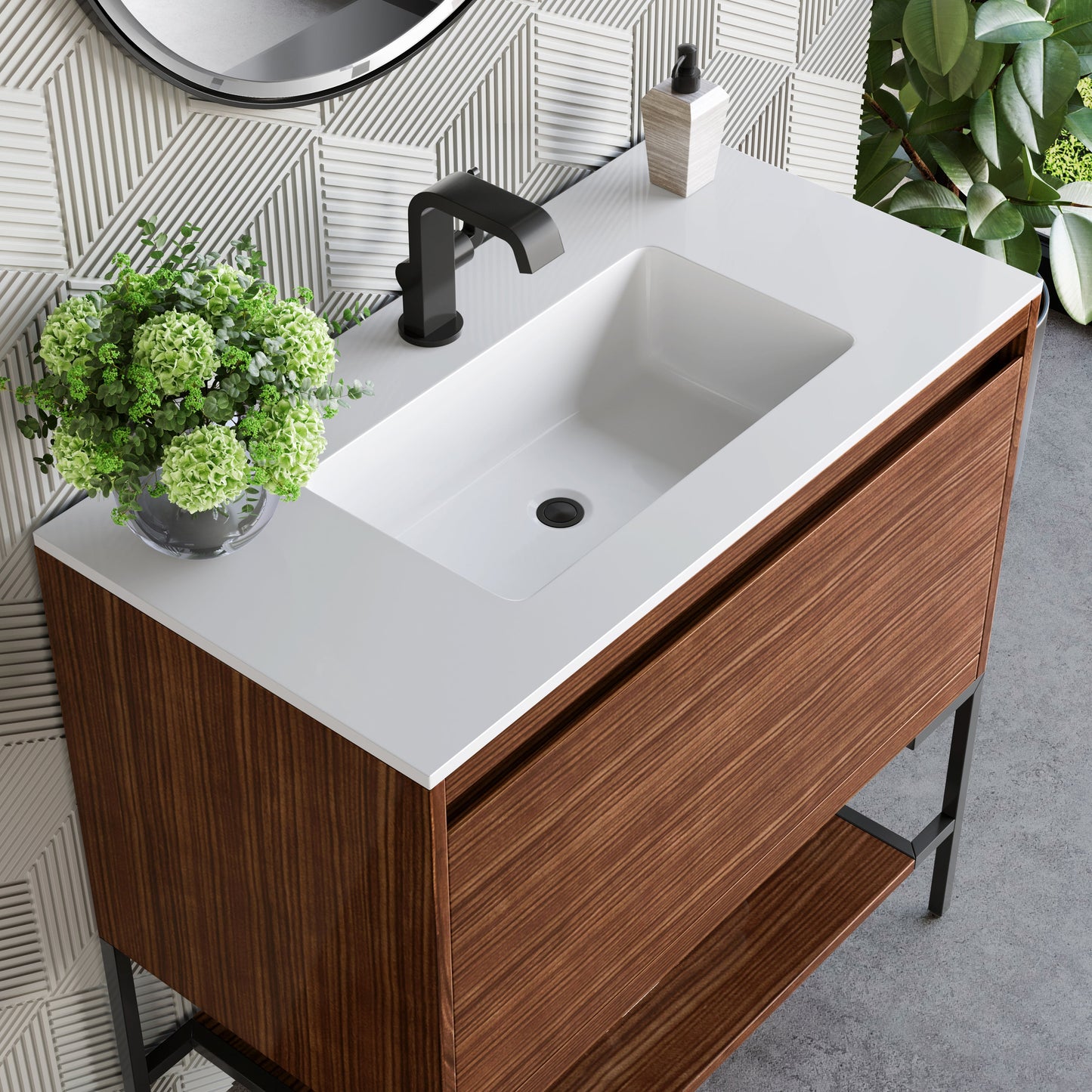 James Martin Vanities Mantova 35.4" Mid-Century Walnut and Matte Black Base Single Vanity With Glossy White Composite Stone Top