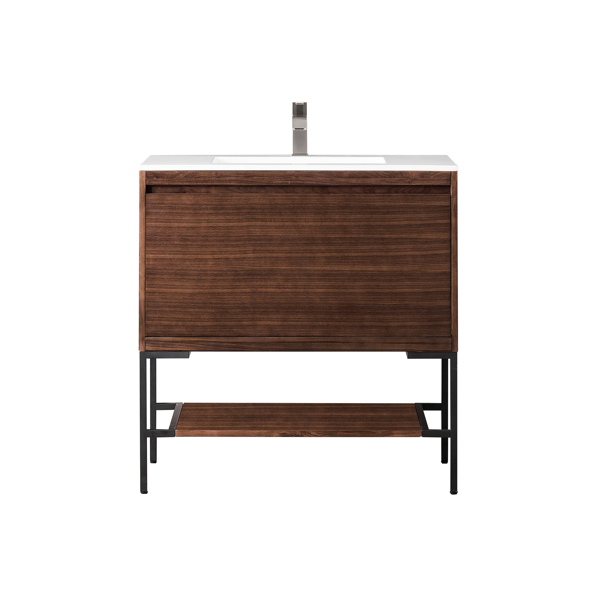 James Martin Vanities Mantova 35.4" Mid-Century Walnut and Matte Black Base Single Vanity With Glossy White Composite Stone Top