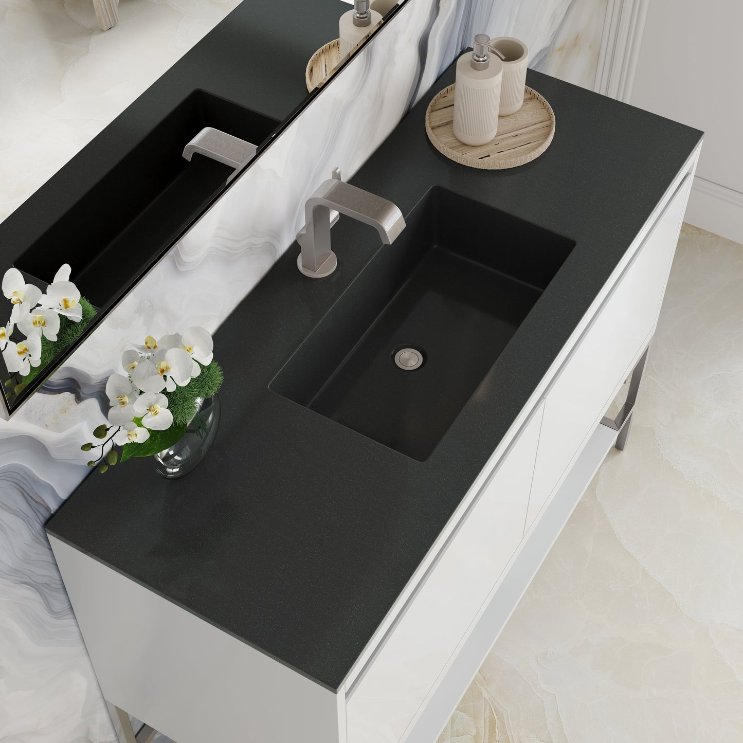 James Martin Vanities Mantova 47.3" Glossy White and Brushed Nickel Base Single Vanity With Charcoal Black Composite Stone Top