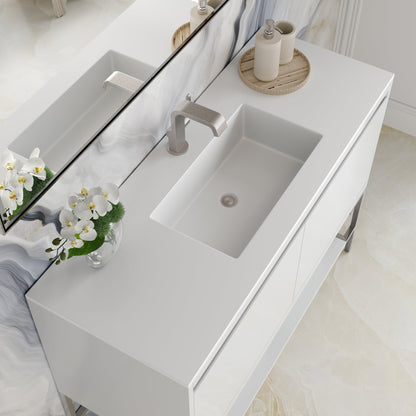 James Martin Vanities Mantova 47.3" Glossy White and Brushed Nickel Base Single Vanity With Glossy White Composite Stone Top