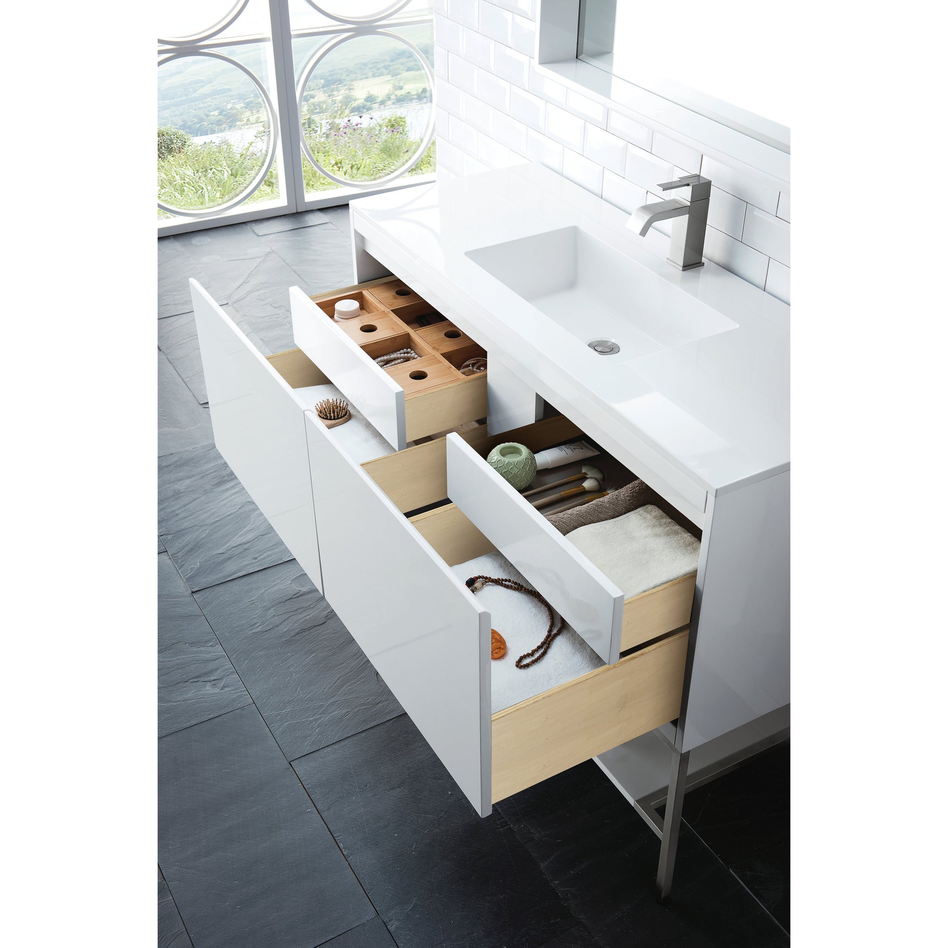 James Martin Vanities Mantova 47.3" Glossy White and Brushed Nickel Base Single Vanity With Glossy White Composite Stone Top