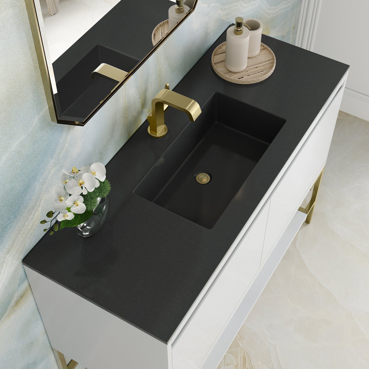 James Martin Vanities Mantova 47.3" Glossy White and Champagne Brass Base Single Vanity With Charcoal Black Composite Stone Top