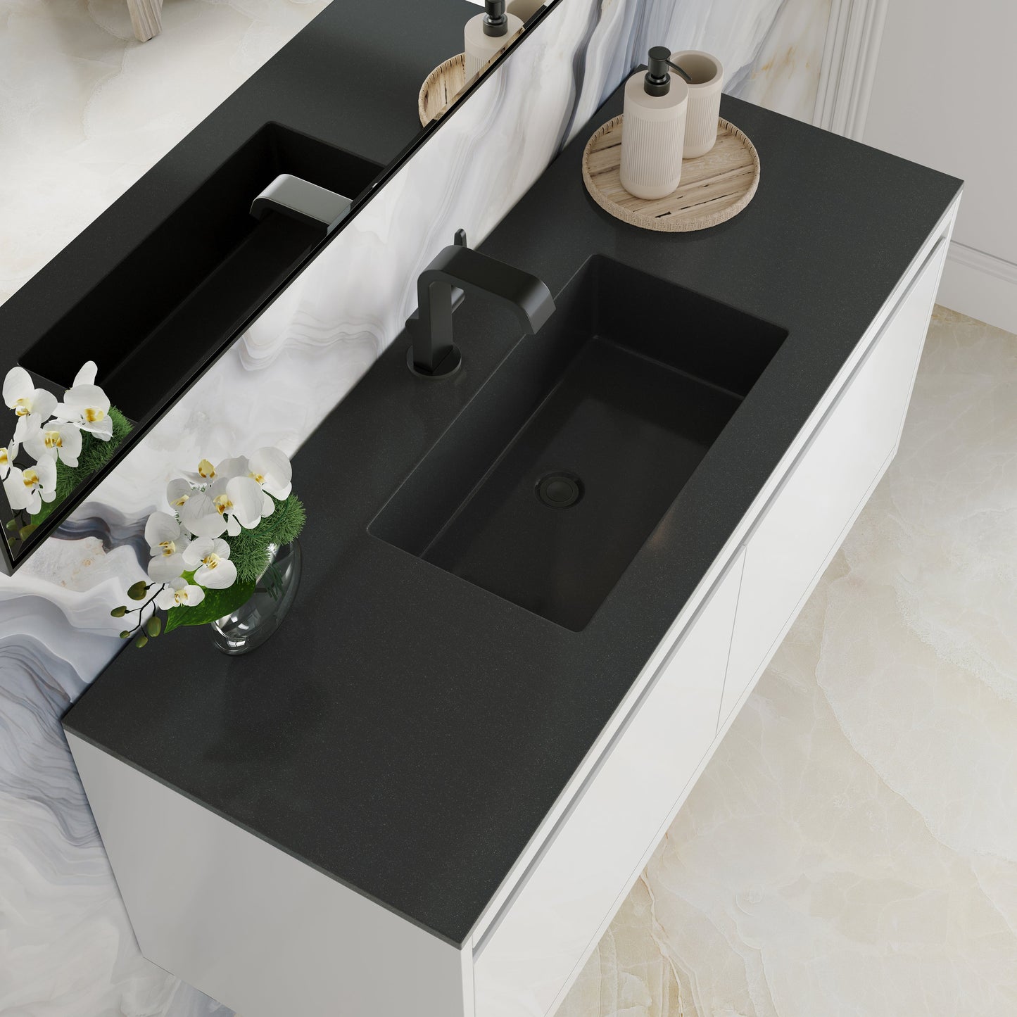 James Martin Vanities Mantova 47.3" Glossy White and Matte Black Base Single Vanity With Charcoal Black Composite Stone Top