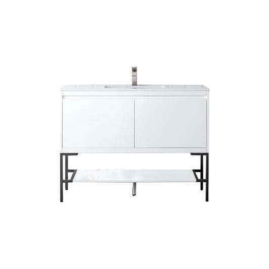 James Martin Vanities Mantova 47.3" Glossy White and Matte Black Base Single Vanity With Glossy White Composite Stone Top