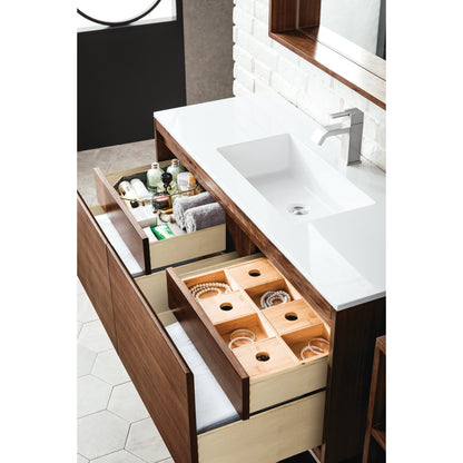 James Martin Vanities Mantova 47.3" Mid-Century Walnut Single Vanity With Glossy White Composite Stone Top