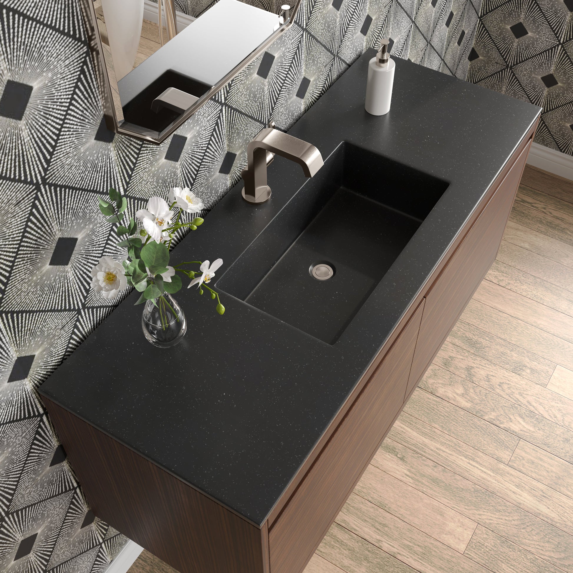 James Martin Vanities Mantova 47.3" Mid-Century Walnut and Brushed Nickel Base Single Vanity With Charcoal Black Composite Stone Top