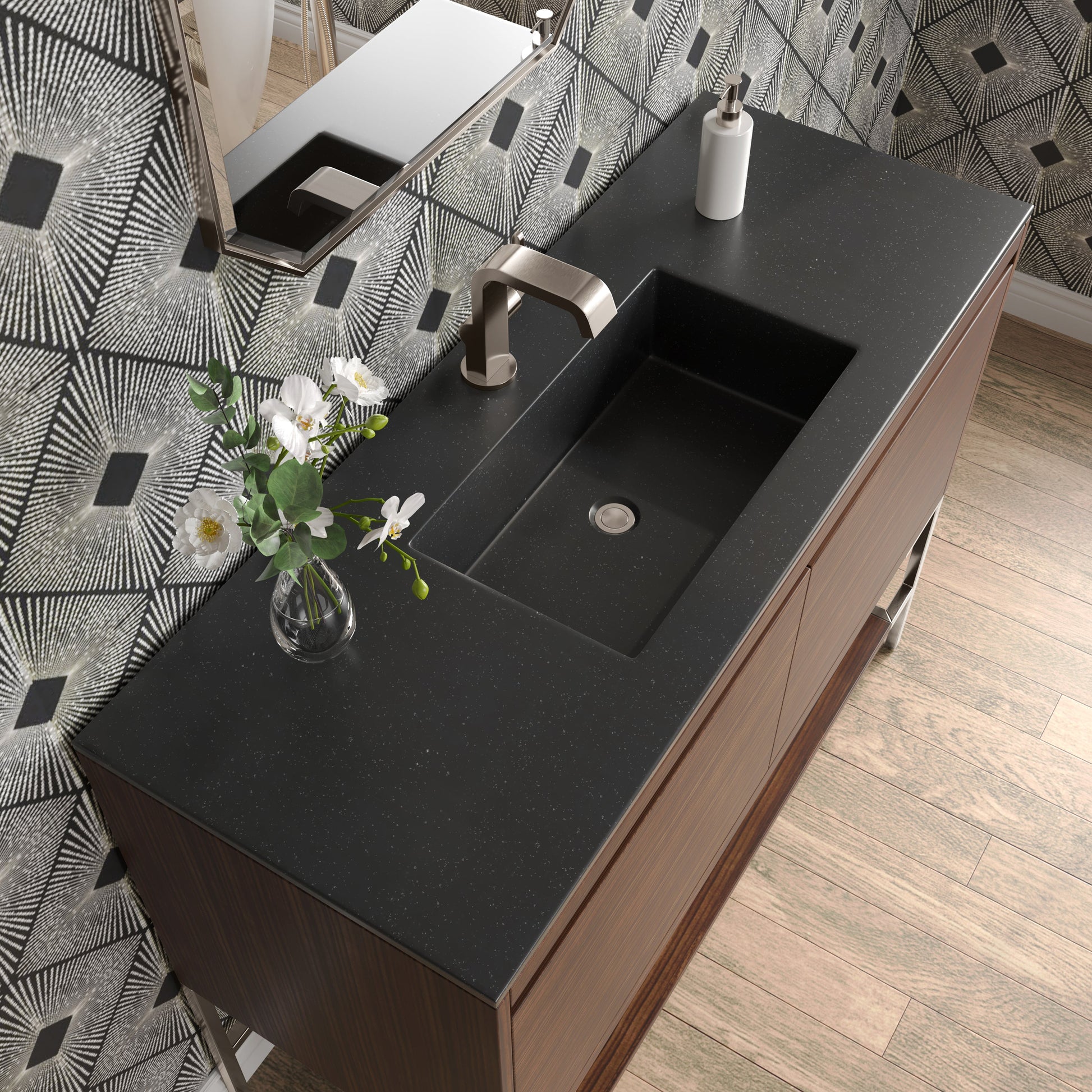 James Martin Vanities Mantova 47.3" Mid-Century Walnut and Brushed Nickel Base Single Vanity With Charcoal Black Composite Stone Top