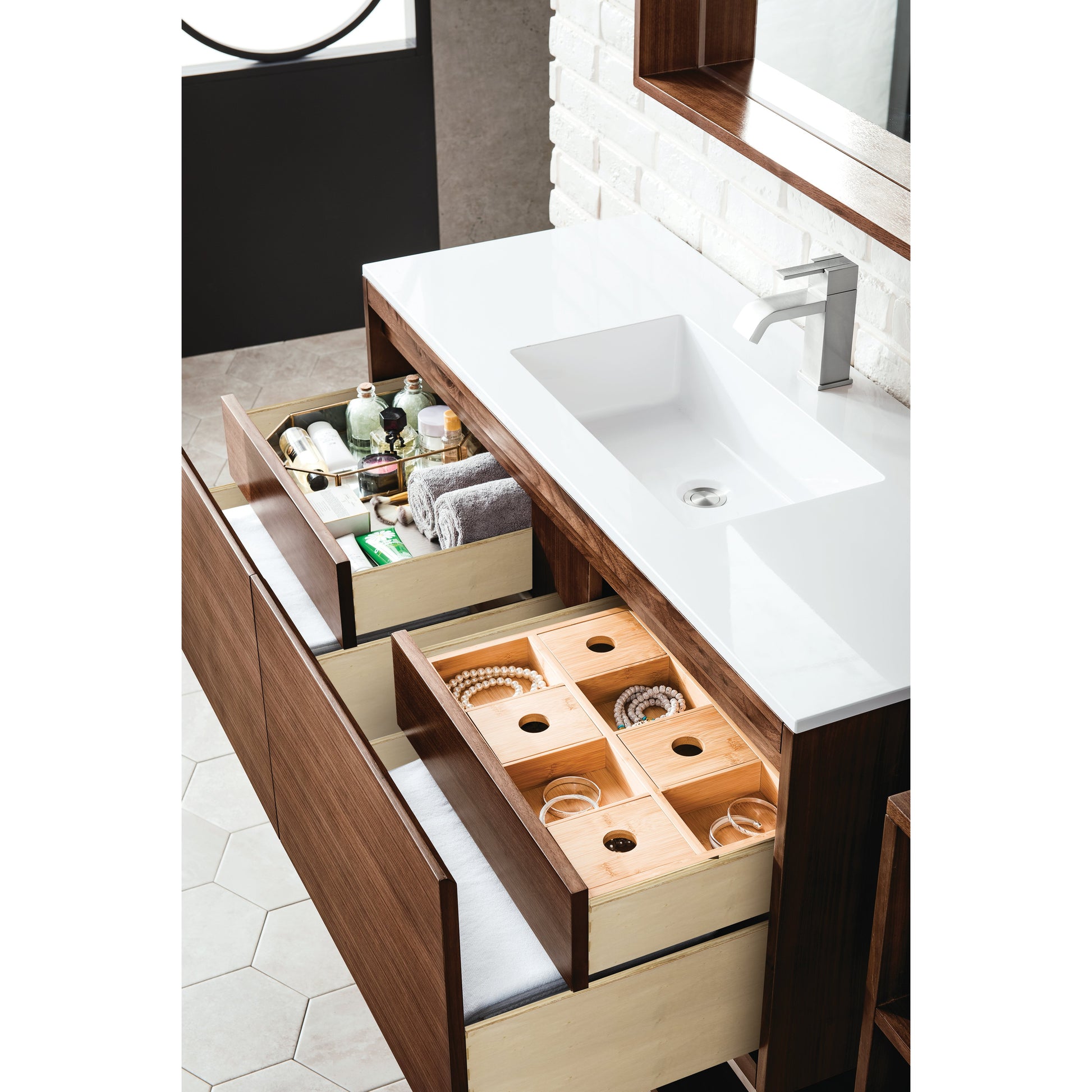 James Martin Vanities Mantova 47.3" Mid-Century Walnut and Brushed Nickel Base Single Vanity With Glossy White Composite Stone Top