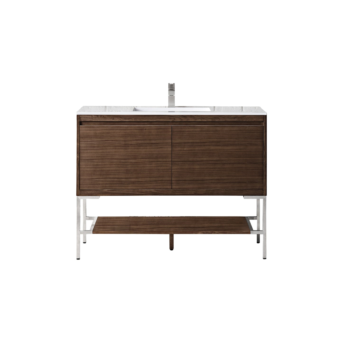 James Martin Vanities Mantova 47.3" Mid-Century Walnut and Brushed Nickel Base Single Vanity With Glossy White Composite Stone Top