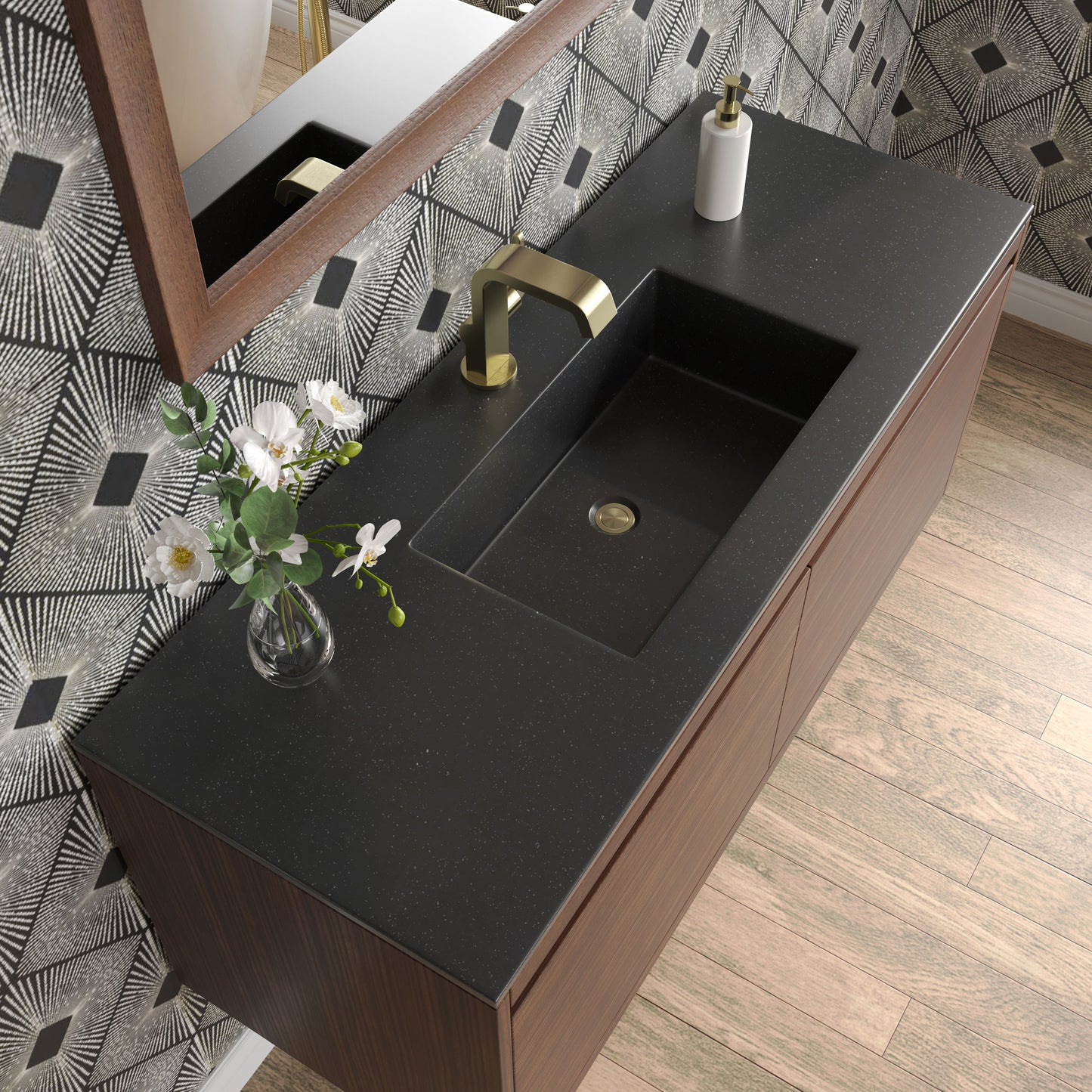 James Martin Vanities Mantova 47.3" Mid-Century Walnut and Champagne Brass Base Single Vanity With Charcoal Black Composite Stone Top