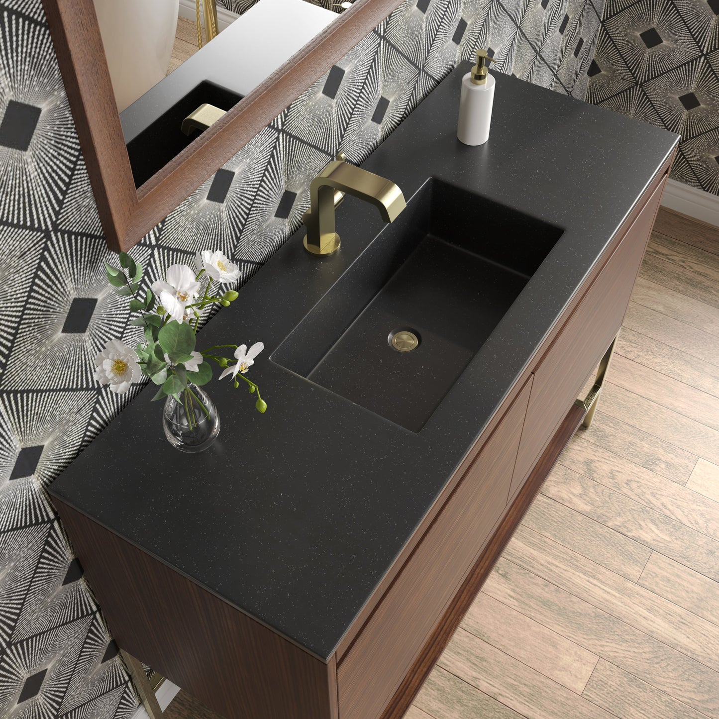 James Martin Vanities Mantova 47.3" Mid-Century Walnut and Champagne Brass Base Single Vanity With Charcoal Black Composite Stone Top