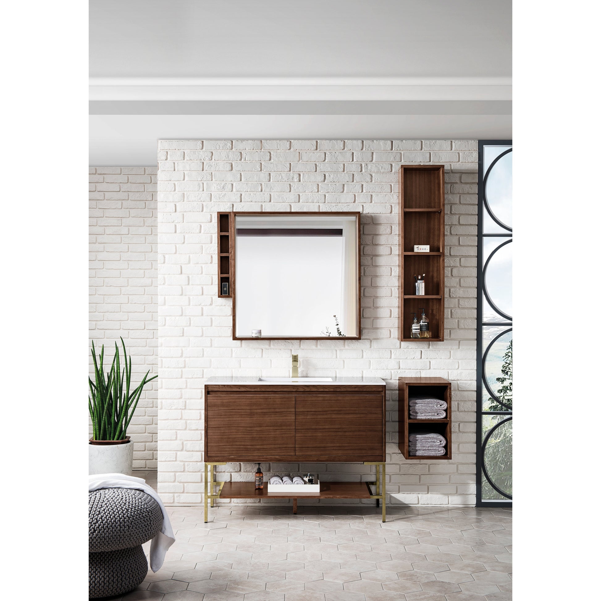 James Martin Vanities Mantova 47.3" Mid-Century Walnut and Champagne Brass Base Single Vanity With Glossy White Composite Stone Top