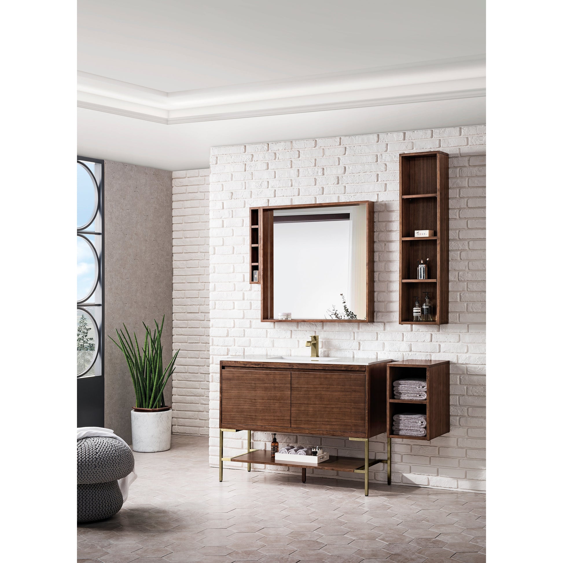 James Martin Vanities Mantova 47.3" Mid-Century Walnut and Champagne Brass Base Single Vanity With Glossy White Composite Stone Top