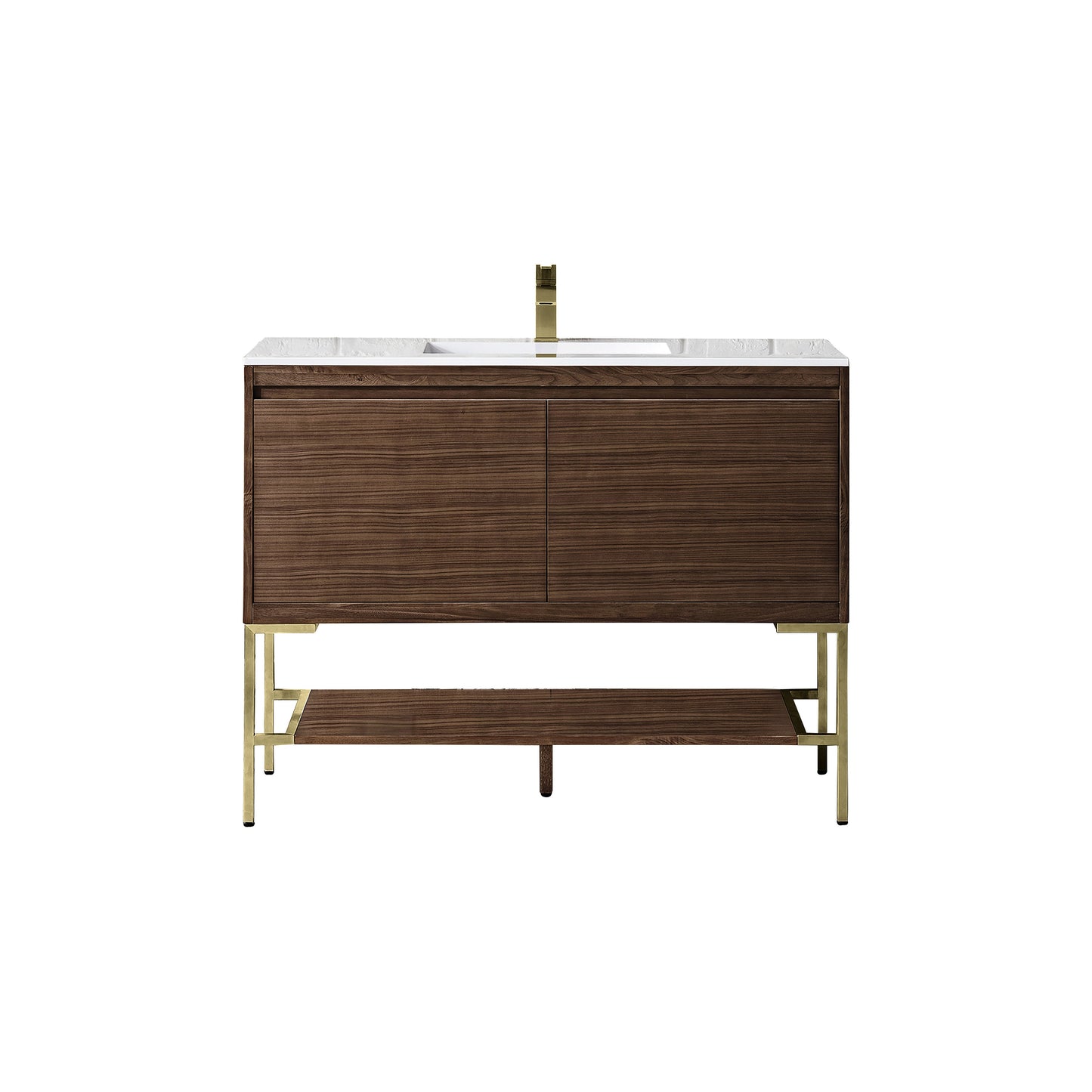 James Martin Vanities Mantova 47.3" Mid-Century Walnut and Champagne Brass Base Single Vanity With Glossy White Composite Stone Top