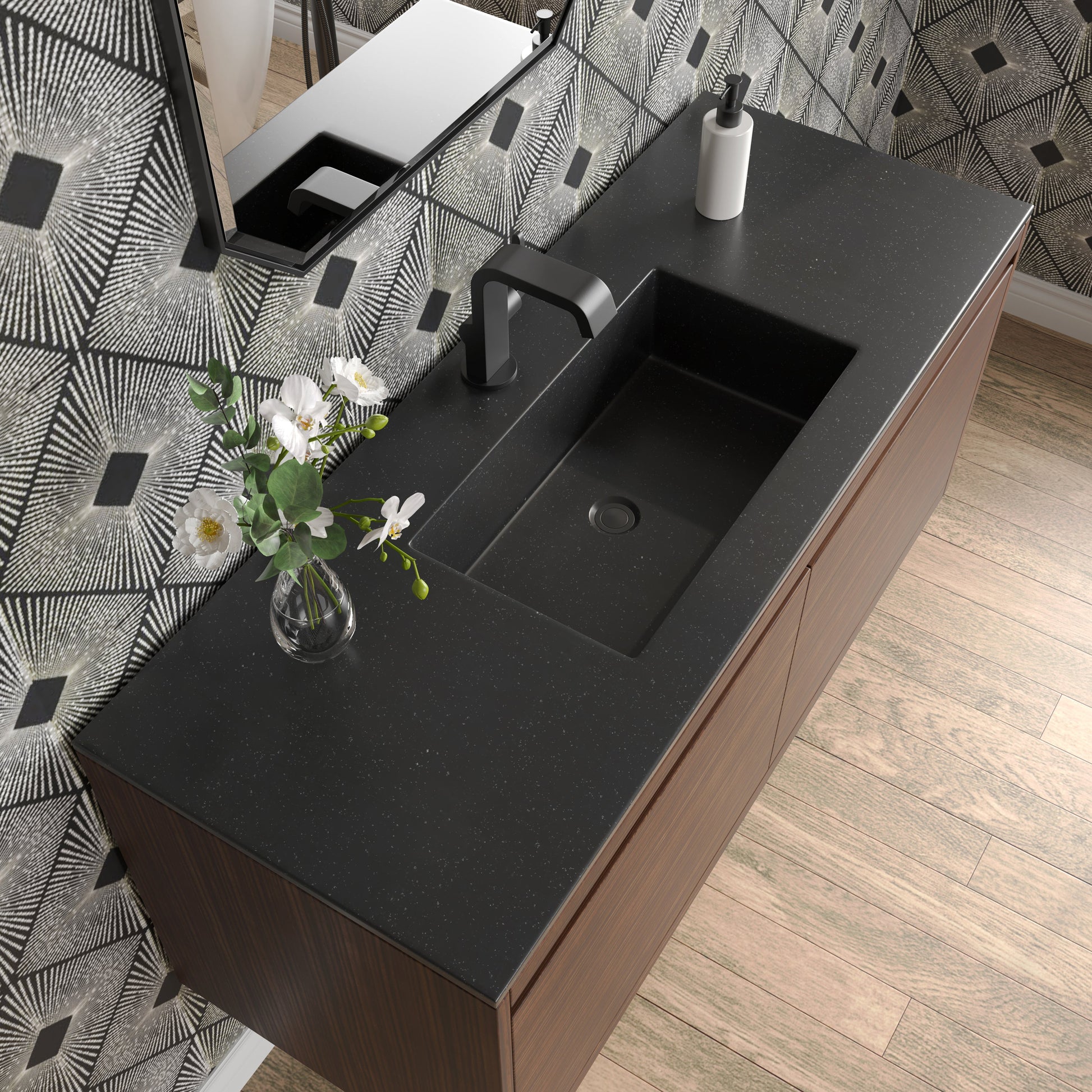 James Martin Vanities Mantova 47.3" Mid-Century Walnut and Matte Black Base Single Vanity With Charcoal Black Composite Stone Top