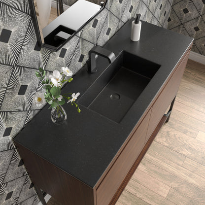 James Martin Vanities Mantova 47.3" Mid-Century Walnut and Matte Black Base Single Vanity With Charcoal Black Composite Stone Top