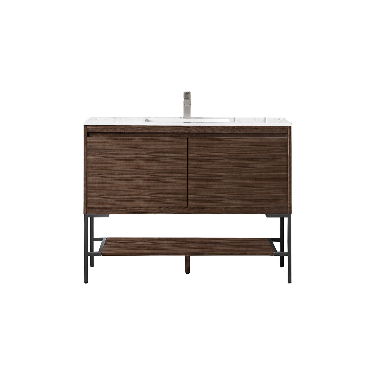 James Martin Vanities Mantova 47.3" Mid-Century Walnut and Matte Black Base Single Vanity With Glossy White Composite Stone Top