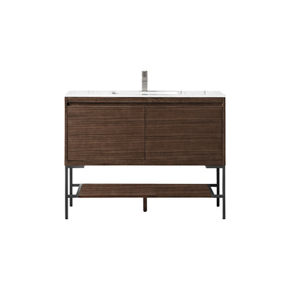 James Martin Vanities Mantova 47.3" Mid-Century Walnut and Matte Black Base Single Vanity With Glossy White Composite Stone Top