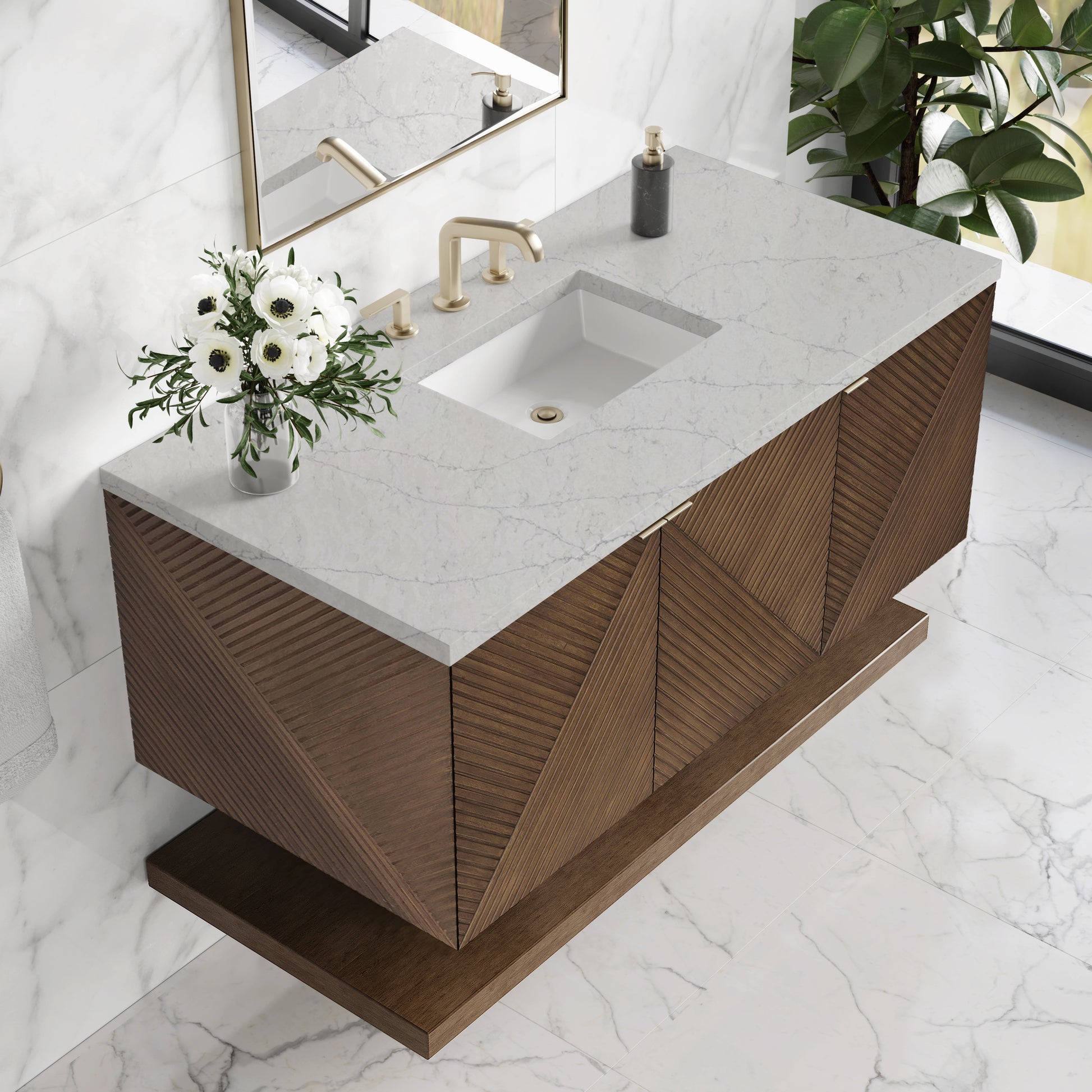 James Martin Vanities Marcello 48" Chestnut Single Vanity With 3cm Eternal Jasmine Pearl Silestone Top With FreePower Wireless Charger