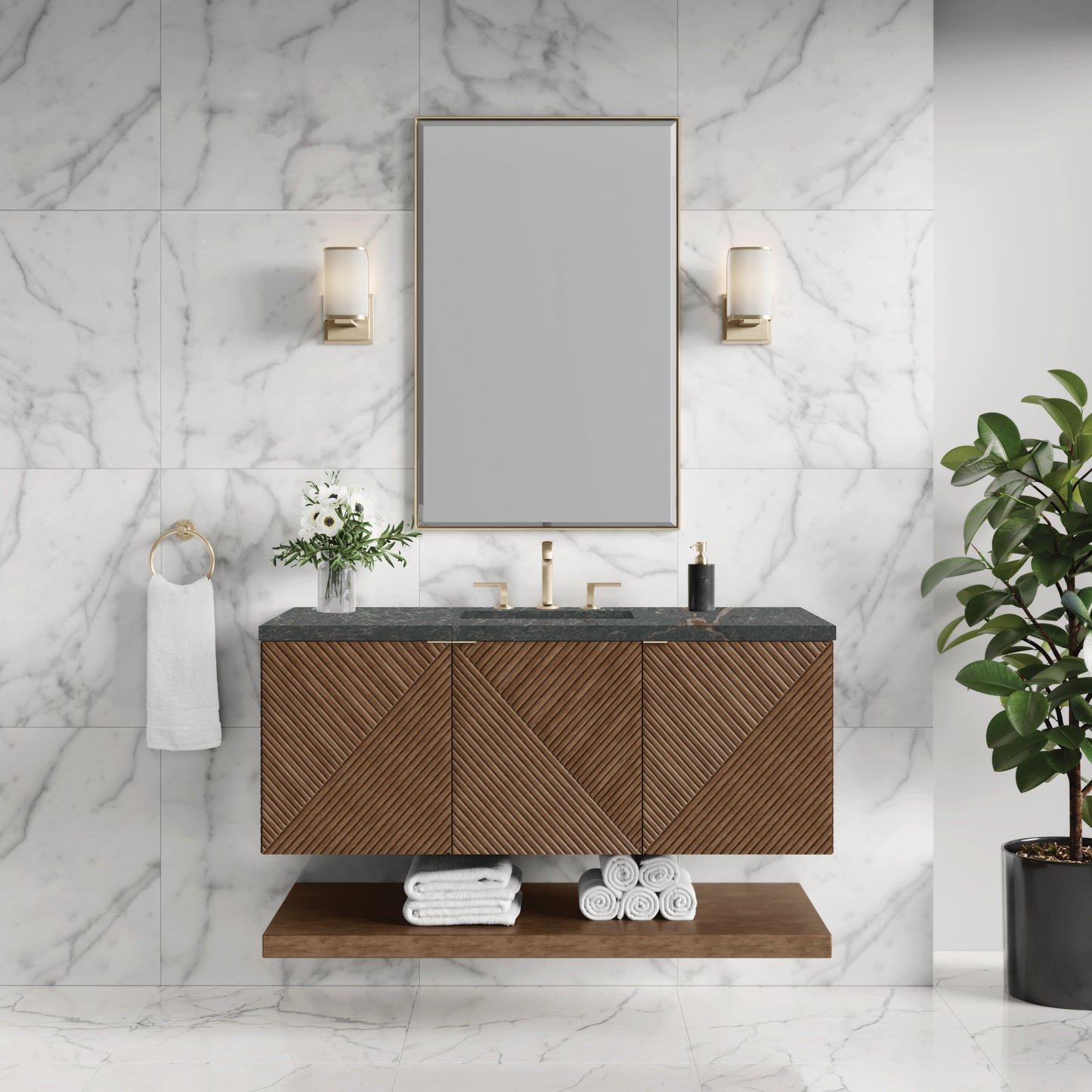 James Martin Vanities Marcello 48" Chestnut Single Vanity With 3cm Parisien Bleu Silestone Top With FreePower Wireless Charger