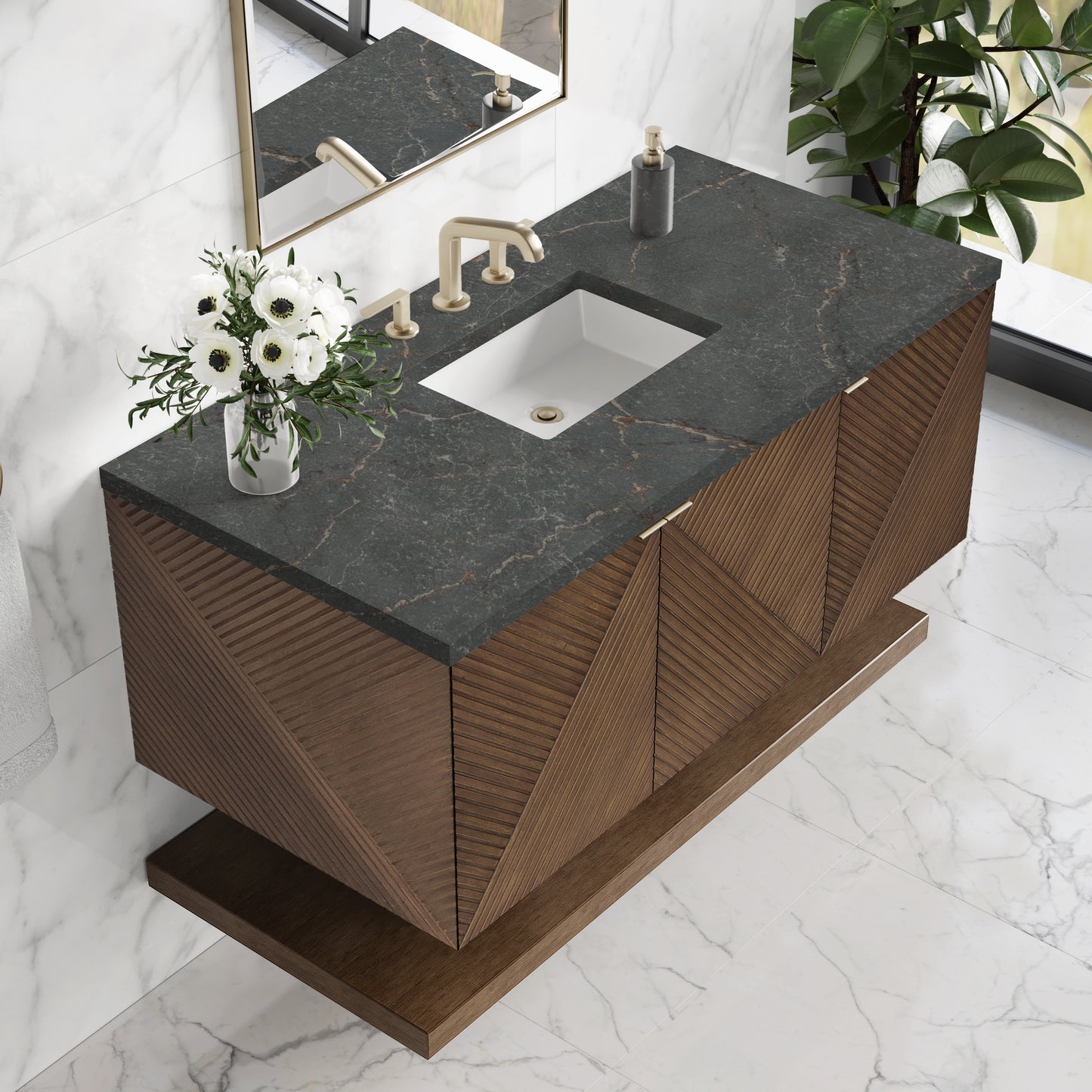 James Martin Vanities Marcello 48" Chestnut Single Vanity With 3cm Parisien Bleu Silestone Top With FreePower Wireless Charger