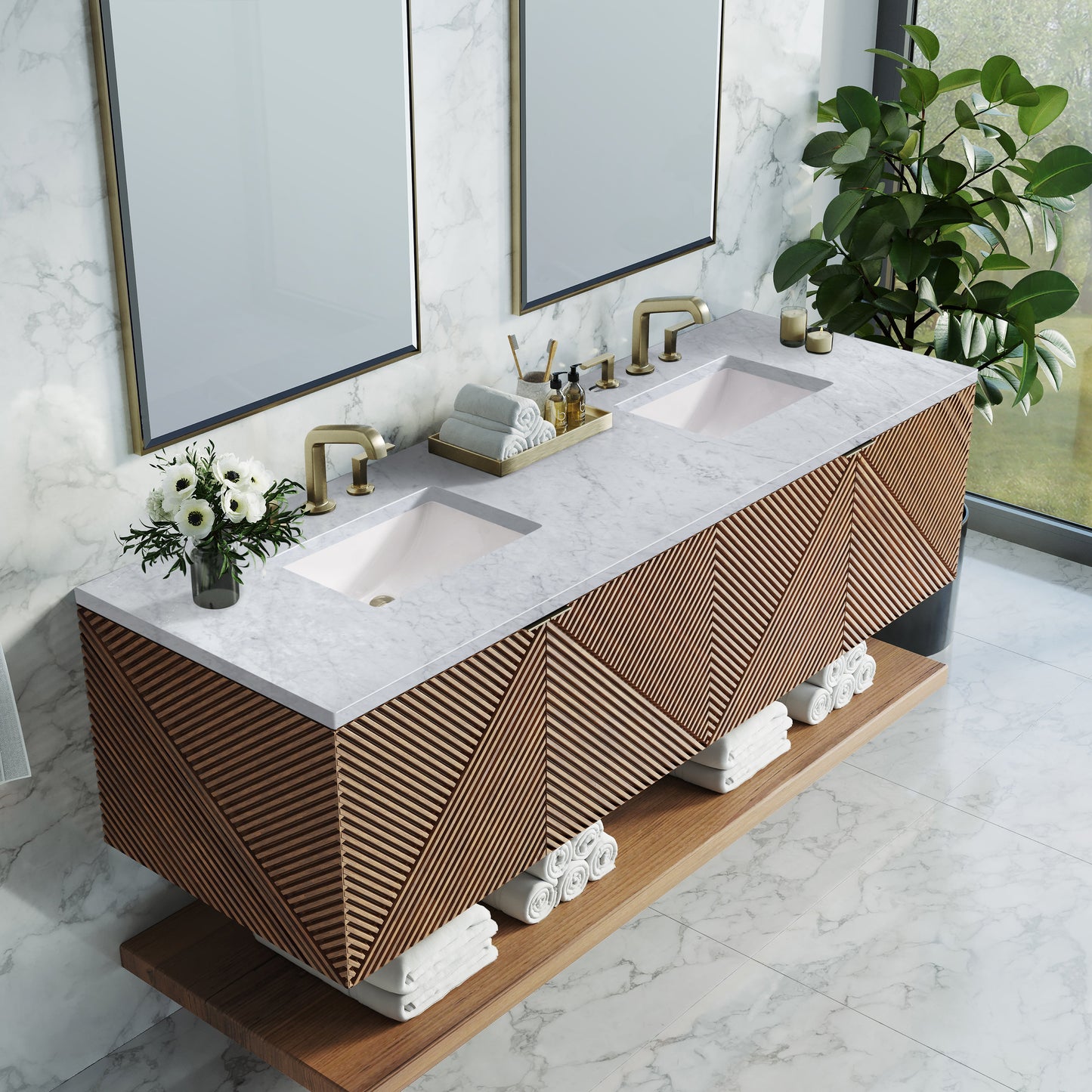 James Martin Vanities Marcello 72" Chestnut Double Vanity With 3 cm Carrara Marble Top