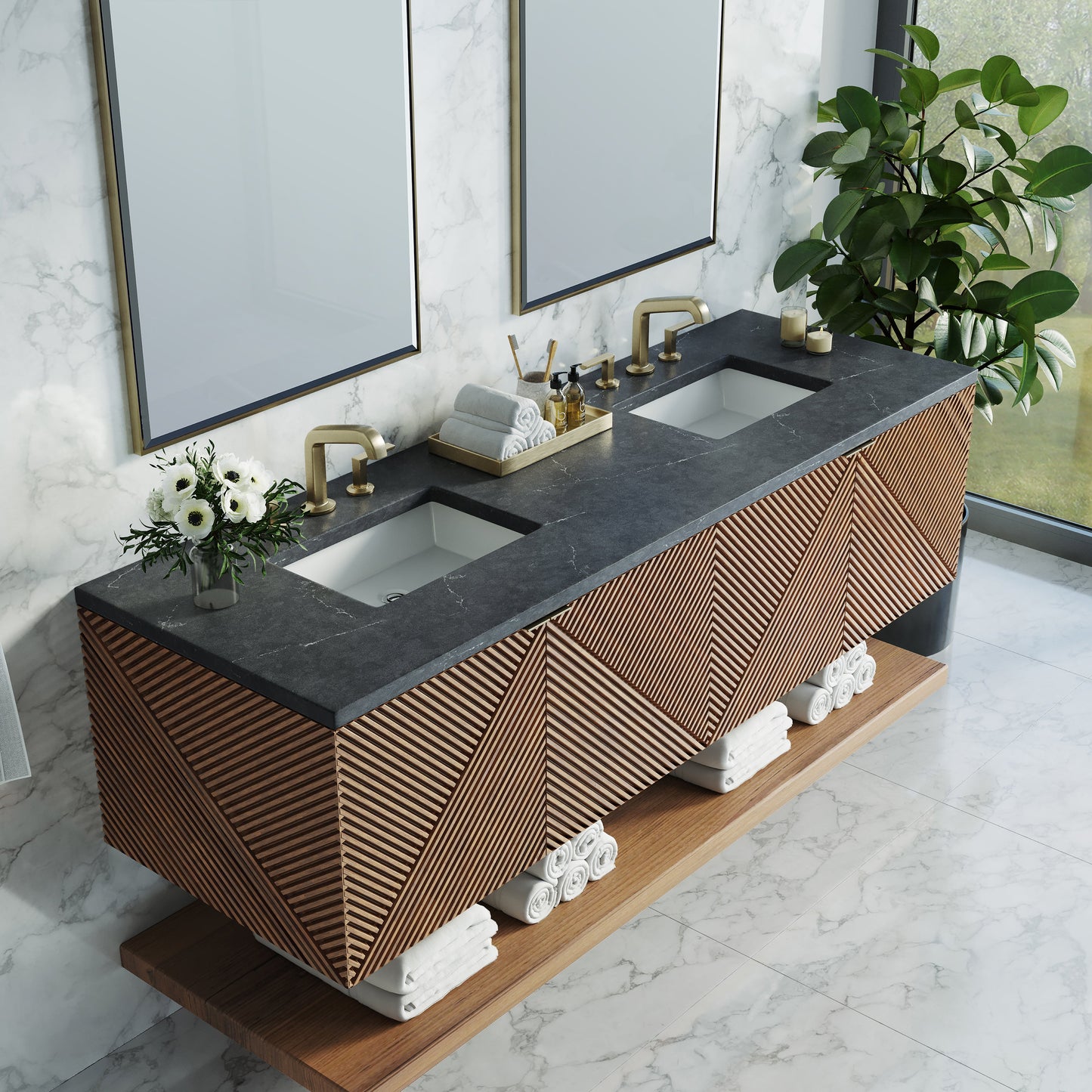 James Martin Vanities Marcello 72" Chestnut Double Vanity With 3 cm Charcoal Soapstone Top