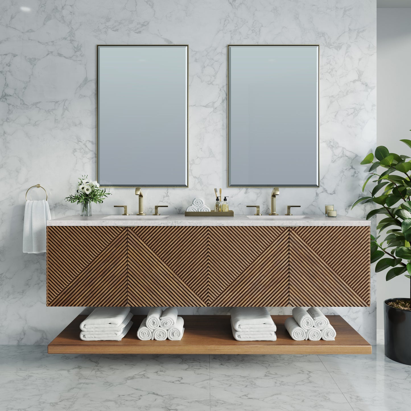 James Martin Vanities Marcello 72" Chestnut Double Vanity With 3 cm Eternal Jasmine Pearl Top and FreePower Wireless Charger